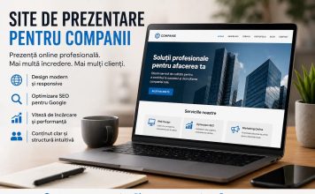 De ce orice companie are nevoie de un site de prezentare bine construit Laptop care afișează un site de prezentare profesional pentru o companie