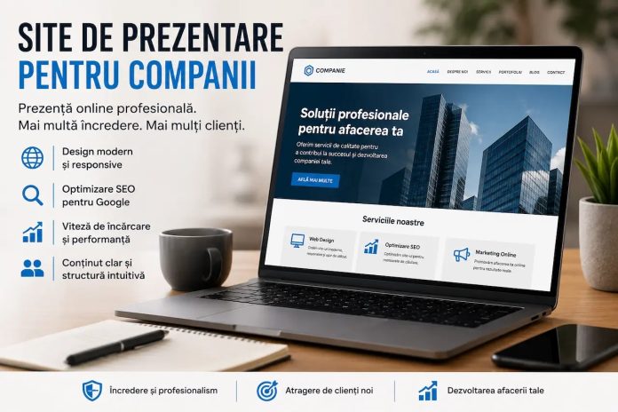 de-ce-orice-companie-are-nevoie-de-un-site-de-prezentare-bine-construit.jpg Laptop care afișează un site de prezentare profesional pentru o companie